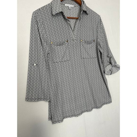 Notations Blouse Black White Geometric Print Button Front Roll Tab Sleeve Medium - Picture 4 of 10
